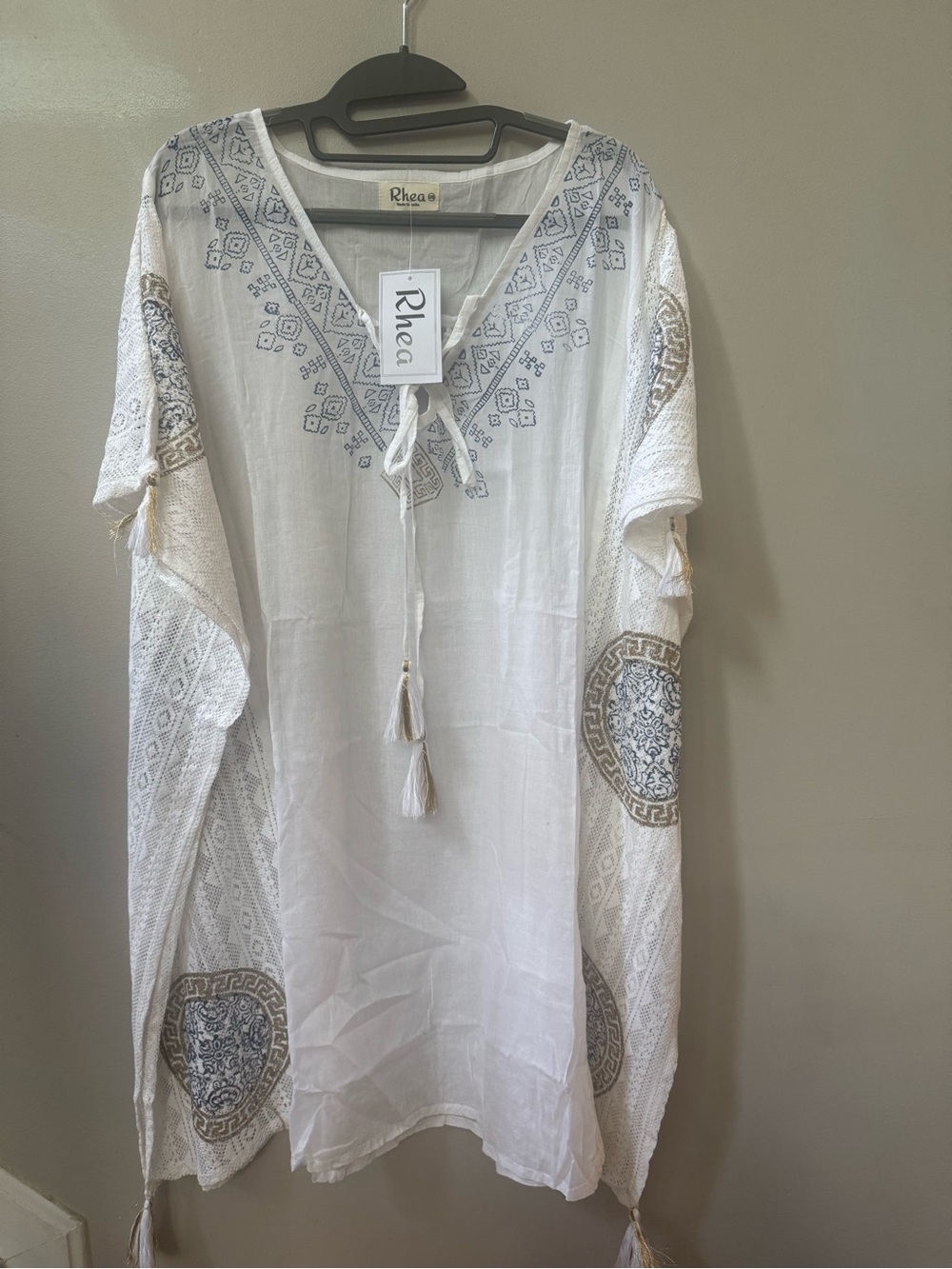 Rhea White Embroidered Tassel Kaftan